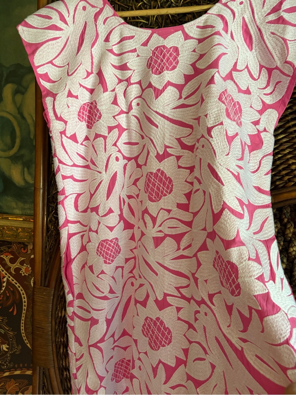 J. Marie Pink White Embroidered Bird Floral Shift Dress Small Palm Beach Resort - Picture 4 of 4